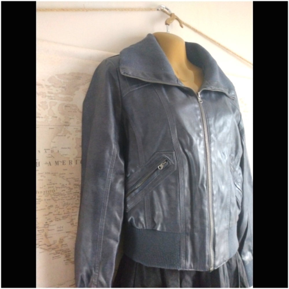Vegan Leather Pilot Bomber Jacket in Navy-Size L - Picture 5 of 7